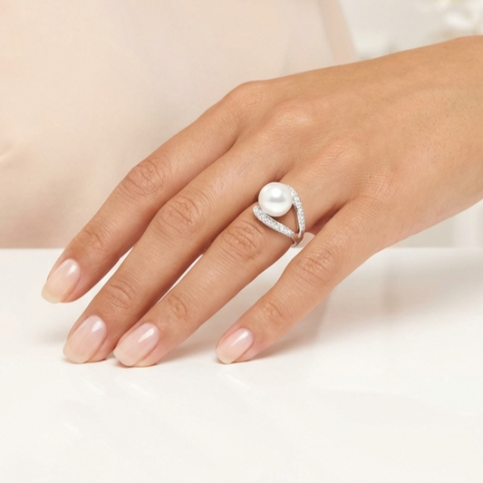 EDEN Pearl And White CZ Diamond Ring in Rhodium Over Sterling Silver