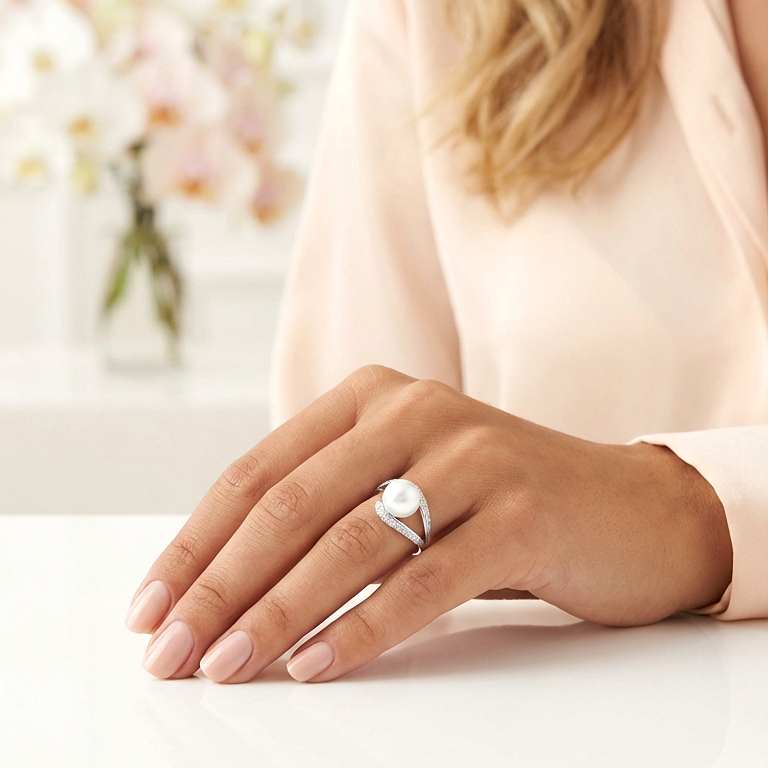 EDEN Pearl And White CZ Diamond Ring in Rhodium Over Sterling Silver