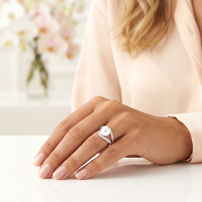 EDEN Pearl And White CZ Diamond Ring in Rhodium Over Sterling Silver