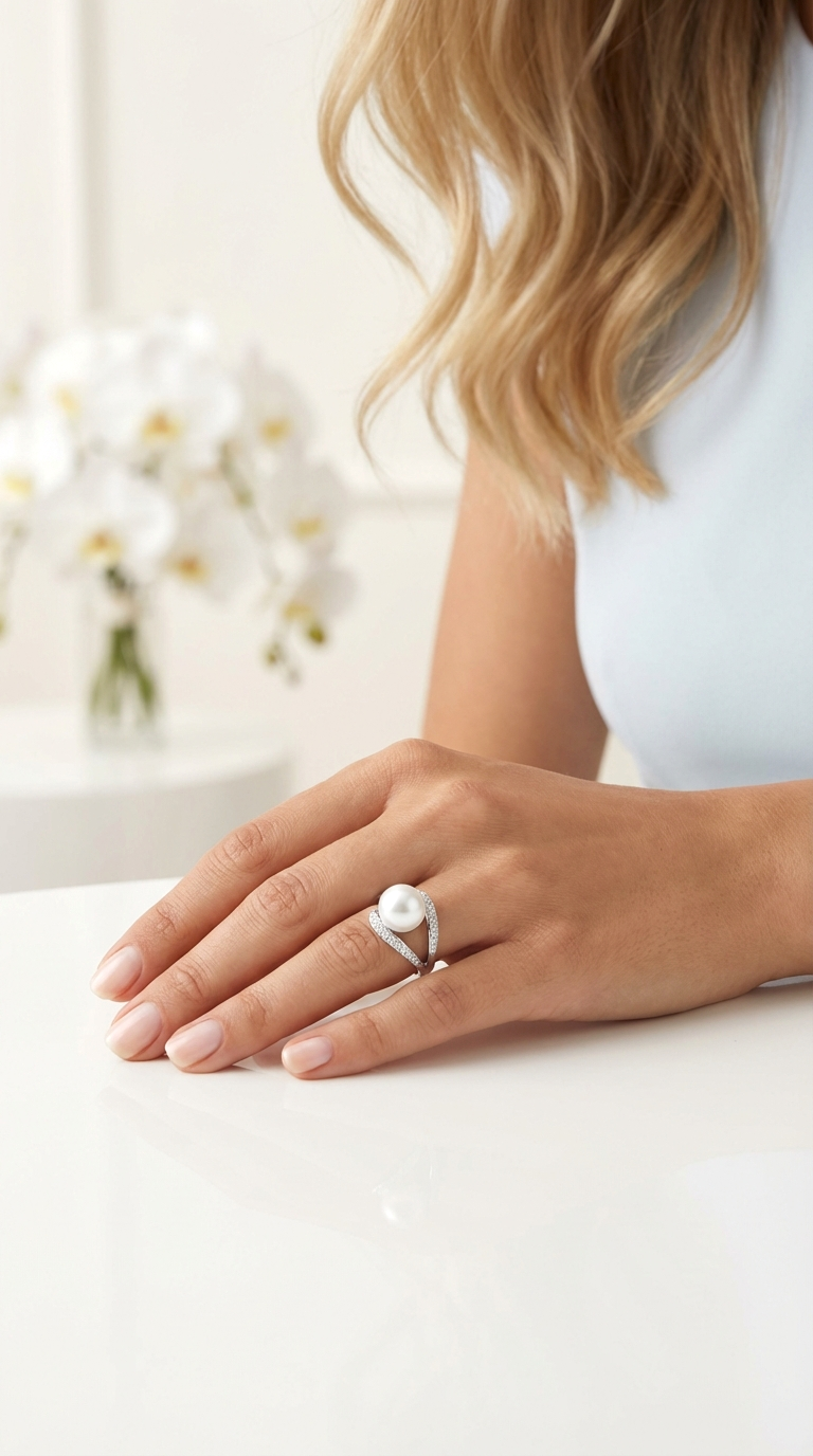 EDEN Pearl And White CZ Diamond Ring in Rhodium Over Sterling Silver