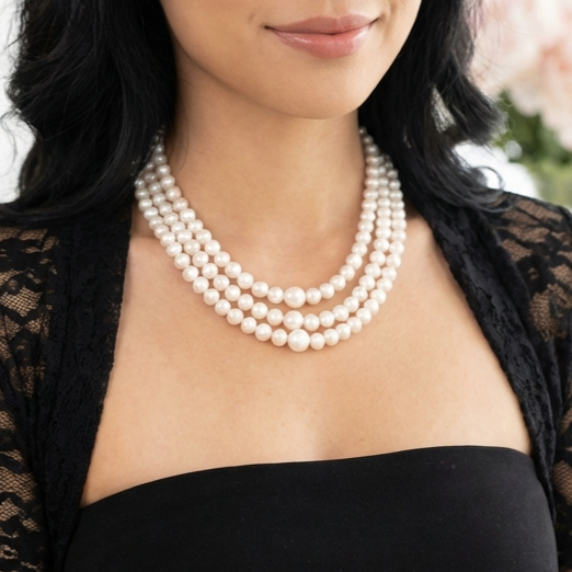 ELIZABETH Freshwater Pearl Wrap Necklace With Clasp in Rhodium Over Sterling Silver