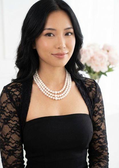 ELIZABETH Freshwater Pearl Wrap Necklace With Clasp in Rhodium Over Sterling Silver