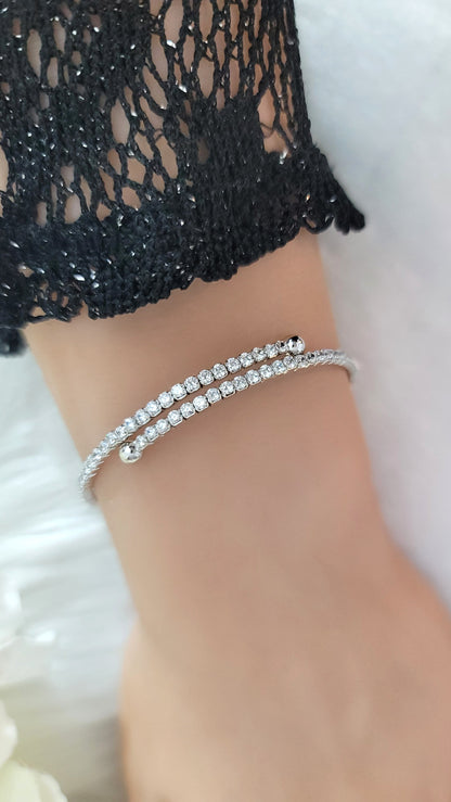 ELLA 2MM White CZ Diamond Simulant Bangle Tennis Bracelet in Rhodium Over Sterling Silver