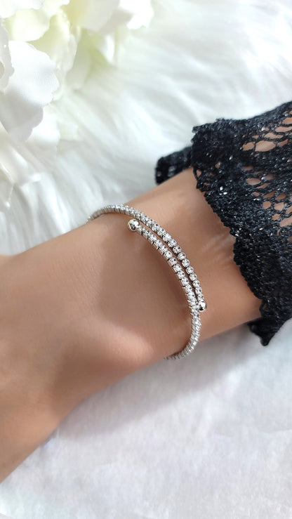 ELLA 2MM White CZ Diamond Simulant Bangle Tennis Bracelet in Rhodium Over Sterling Silver