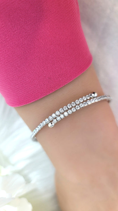 ELLA 2MM White CZ Diamond Simulant Bangle Tennis Bracelet in Rhodium Over Sterling Silver