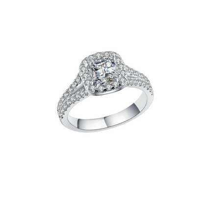 EMILY White CZ Diamond Halo Square Ring in Rhodium Over Sterling Silver