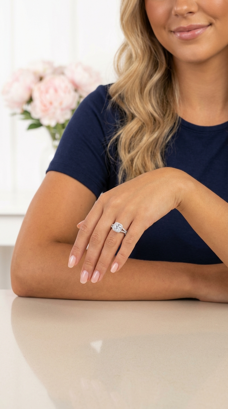 EMILY White CZ Diamond Halo Square Ring in Rhodium Over Sterling Silver