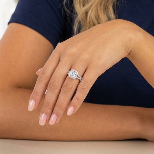 EMILY White CZ Diamond Halo Square Ring in Rhodium Over Sterling Silver