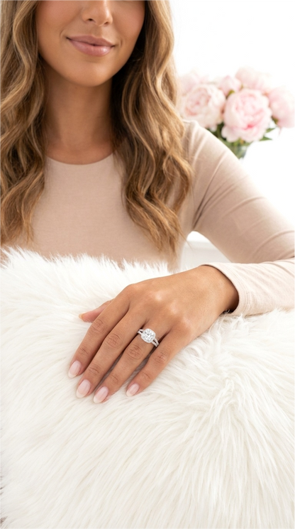 EMILY White CZ Diamond Halo Square Ring in Rhodium Over Sterling Silver