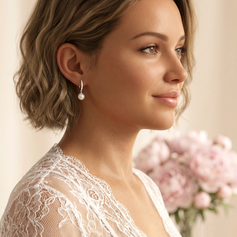 EUGENIE White Crystal Diamond Pearl Drop Earrings 18K White Gold Over Sterling Silver