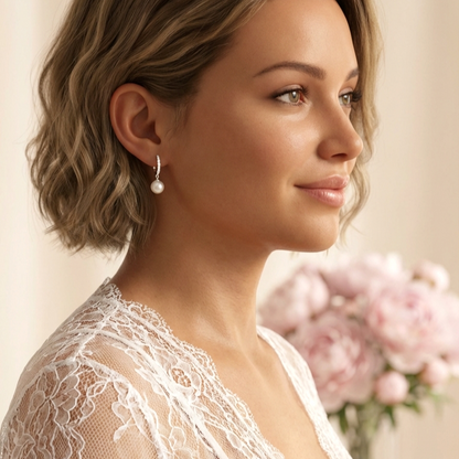 EUGENIE White Crystal Diamond Pearl Drop Earrings 18K White Gold Over Sterling Silver