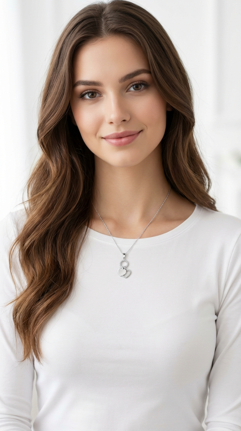 EVA Double Heart White CZ Diamond Pendant Necklace in Rhodium Over Sterling Silver