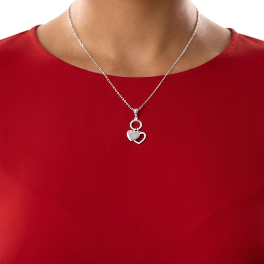 EVA Double Heart White CZ Diamond Pendant Necklace in Rhodium Over Sterling Silver