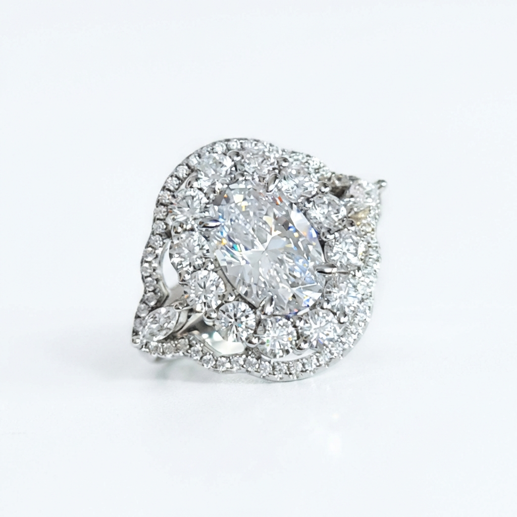 FRANCE Vintage White CZ Diamond Oval Halo Cluster Ring in Rhodium Over Sterling Silver