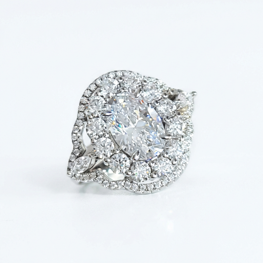 FRANCE Vintage White CZ Diamond Oval Halo Cluster Ring in Rhodium Over Sterling Silver