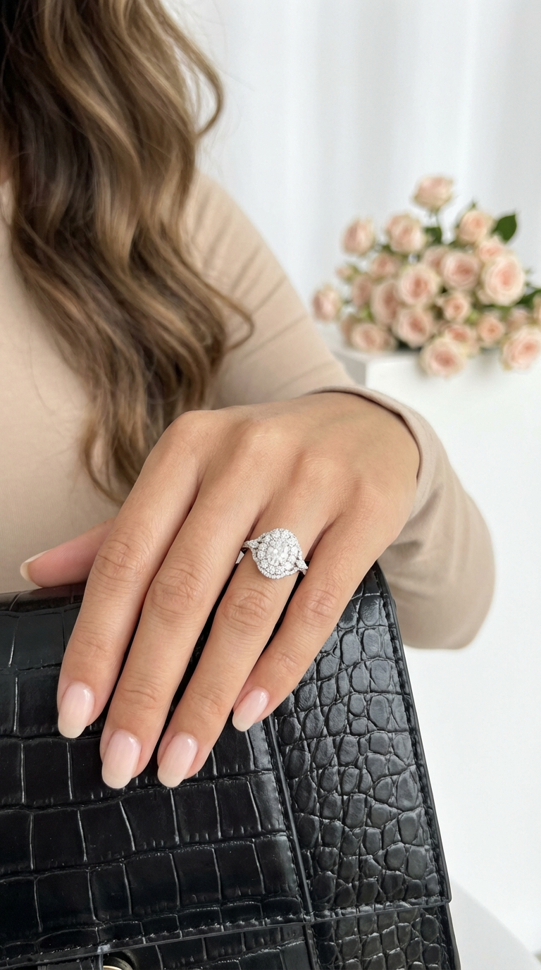 FRANCE Vintage White CZ Diamond Oval Halo Cluster Ring in Rhodium Over Sterling Silver