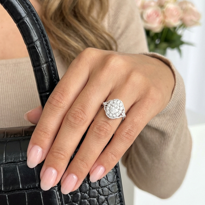 FRANCE Vintage White CZ Diamond Oval Halo Cluster Ring in Rhodium Over Sterling Silver