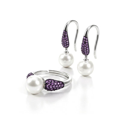 GAYLE White Pearl and Purple Stone Earrings, Ring Set in Rhodium Over Sterling Silver