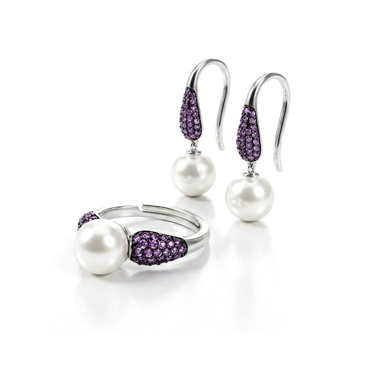 GAYLE White Pearl and Purple Stone Earrings, Ring Set in Rhodium Over Sterling Silver