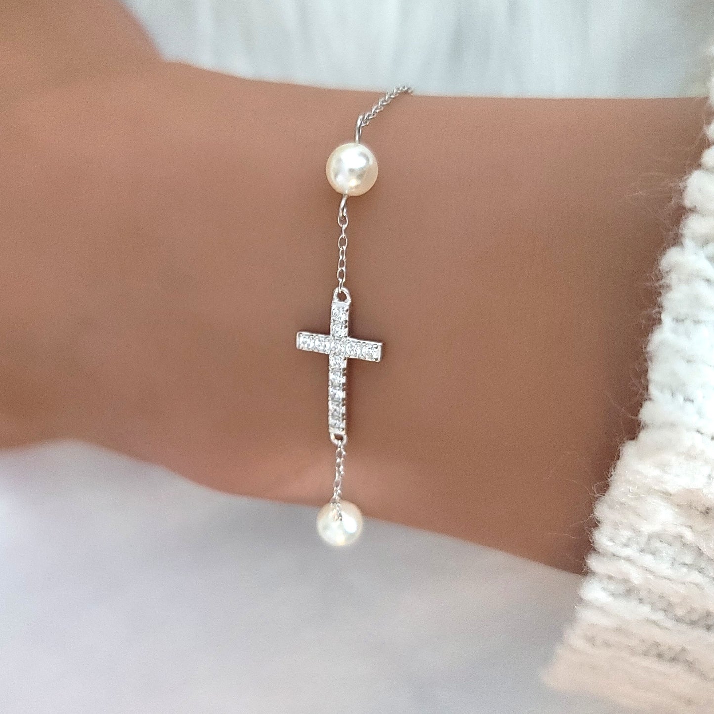 GABRIELLA Pave Cross Bracelet in Rhodium Over Sterling Silver