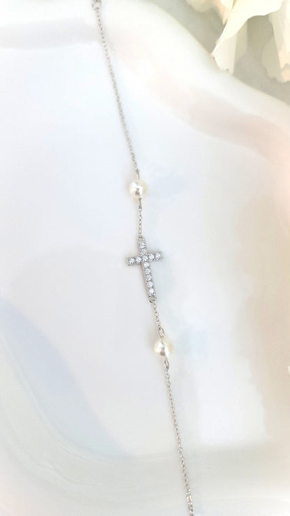 GABRIELLA Pave Cross Bracelet in Rhodium Over Sterling Silver