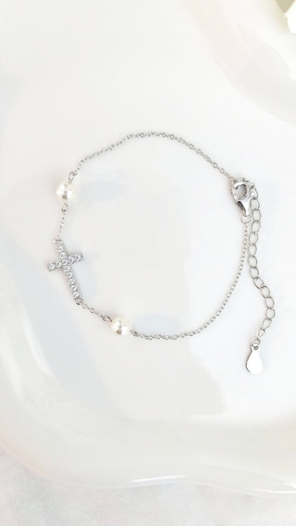 GABRIELLA Pave Cross Bracelet in Rhodium Over Sterling Silver