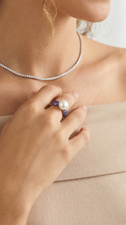 GAYLE White Pearl and Purple Stone Ring in Rhodium Over Sterling Silver
