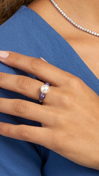 GAYLE White Pearl and Purple Stone Ring in Rhodium Over Sterling Silver