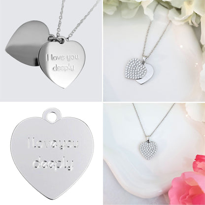 ANGELIQUE "I Love You Deeply" Pave White CZ Diamond Simulant Double Heart Pendant Necklace