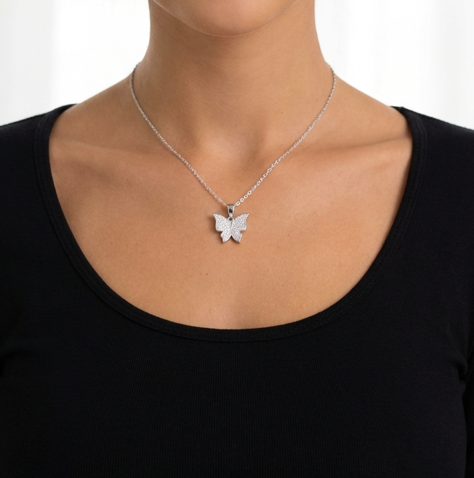 ISABELLA Butterfly Pendant Necklace in Rhodium Over Sterling Silver