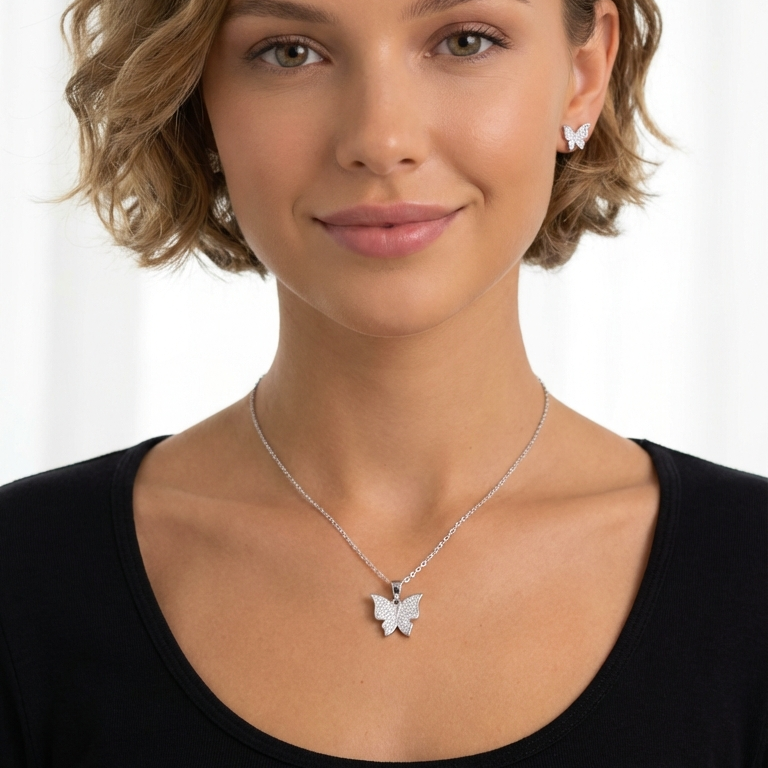 ISABELLA Butterfly Earrings, Necklace Set in Rhodium Over Sterling Silver