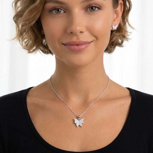 ISABELLA Butterfly Earrings, Necklace Set in Rhodium Over Sterling Silver