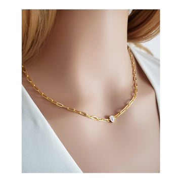 JELINA 3MM Paperclip Chain & CZ Pendant Necklace in 18K GP