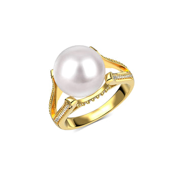 JUDITH Classic Pearl & CZ Diamond Ring in 18K GP
