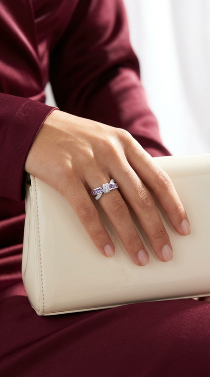 JOANNE Purple And White CZ Diamond Crisscross Band Ring in Rhodium Over Sterling Silver