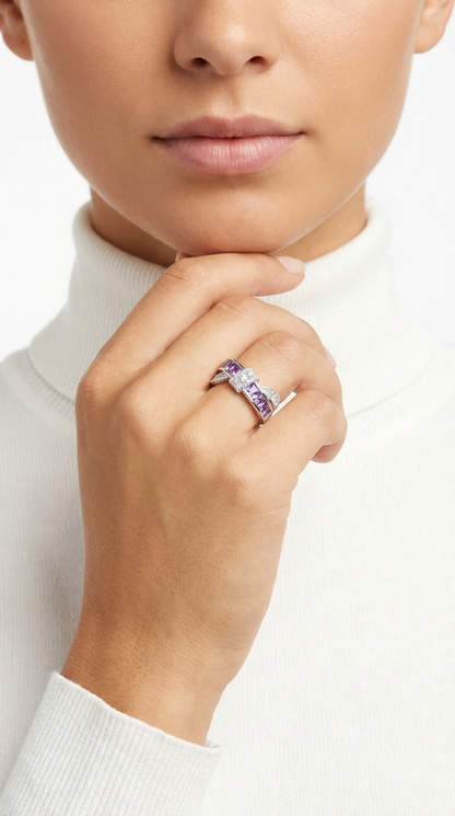JOANNE Purple And White CZ Diamond Crisscross Band Ring in Rhodium Over Sterling Silver