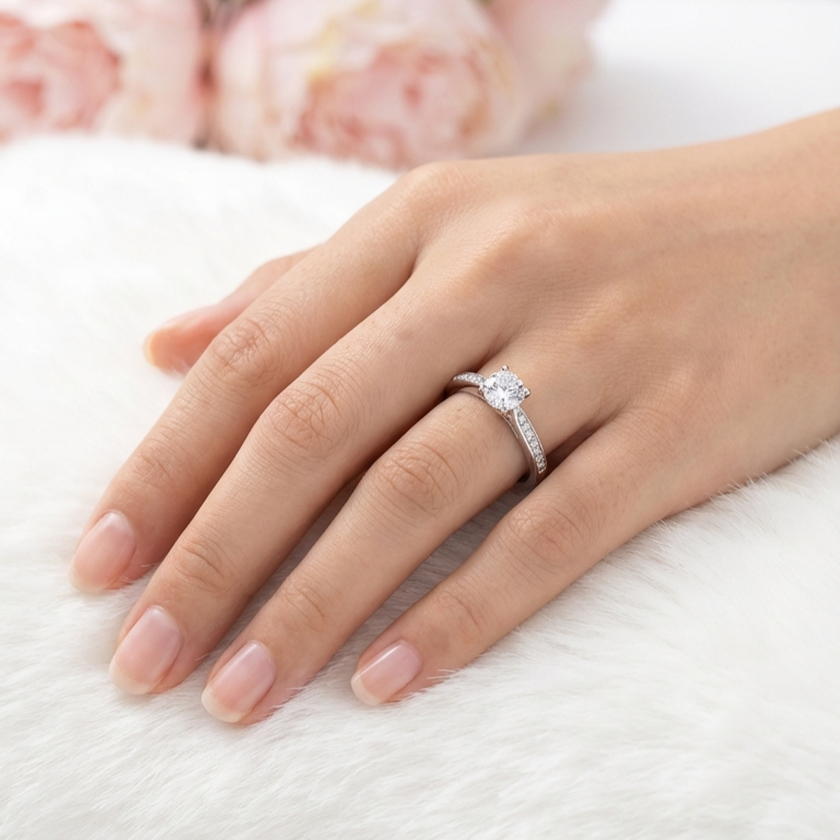 JOCELYNE Solitaire White CZ Diamond Ring in Rhodium Over Sterling Silver