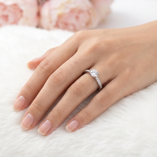 JOCELYNE Solitaire White CZ Diamond Ring in Rhodium Over Sterling Silver