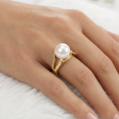 JUDITH Classic Pearl And White CZ Diamond Ring 18K Gold Over Sterling Silver