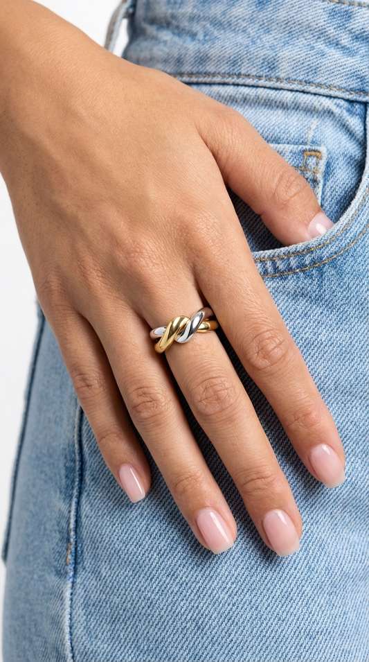 JULYET Two-Tone Interlocking Ring in 18K Gold and Rhodium Over Sterling Silver