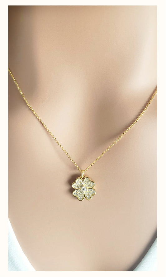 KARI Heart Shaped Four Leaf Clover Necklace Pendant 14K Gold Plated