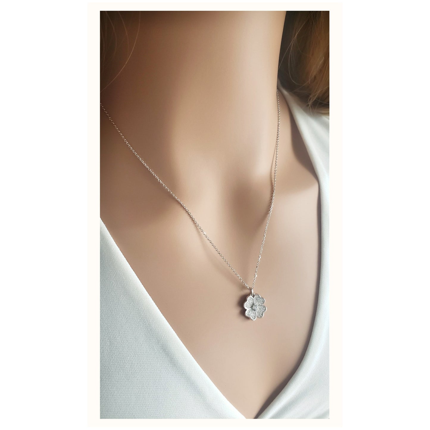 KARI Heart Shaped Four Leaf Clover Pendant Necklace in Sterling Silver