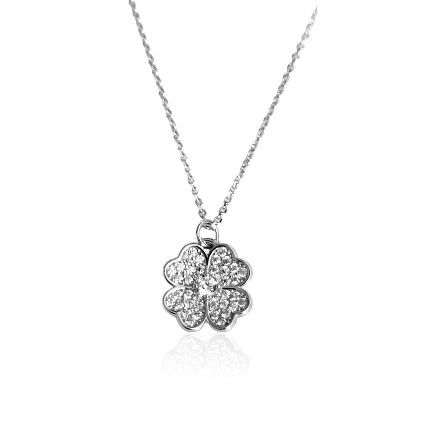 KARI Heart Shaped Four-Leaf Clover Pendant Necklace in Rhodium Over Sterling Silver