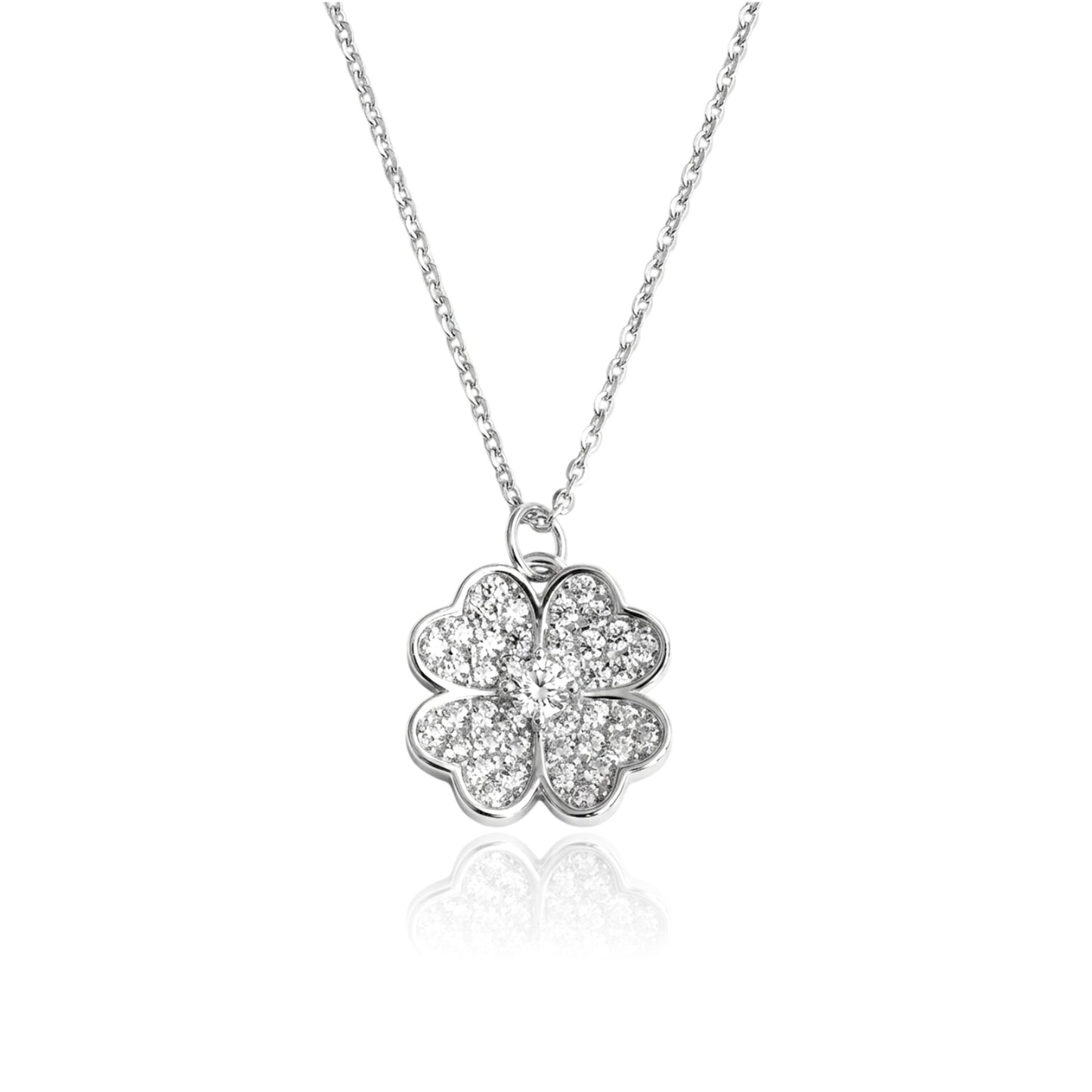 KARI Heart Shaped Four-Leaf Clover Pendant Necklace in Rhodium Over Sterling Silver