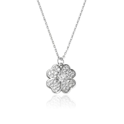 KARI Heart Shaped Four-Leaf Clover Pendant Necklace in Rhodium Over Sterling Silver