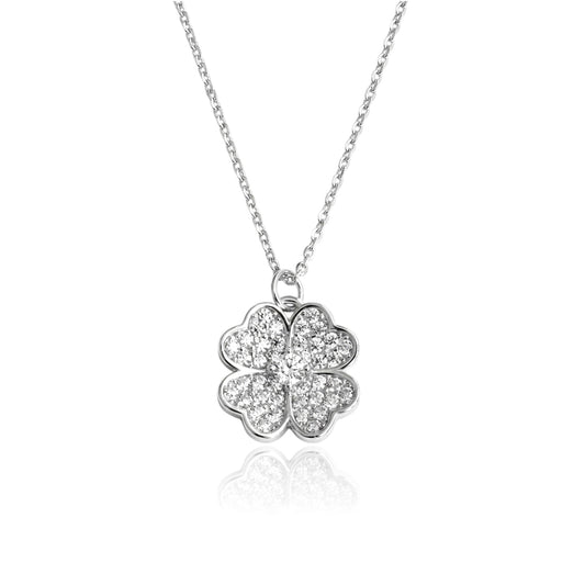 KARI Heart Shaped Four-Leaf Clover Pendant Necklace in Rhodium Over Sterling Silver