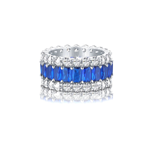 KATHERINE Blue And White CZ Diamond Simulant Three-Row Eternity Ring in Rhodium Over Sterling Silver