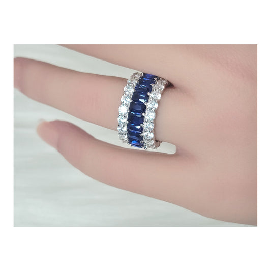 KATHERINE Blue And White CZ Diamond Simulant Three-Row Eternity Ring in Rhodium Over Sterling Silver