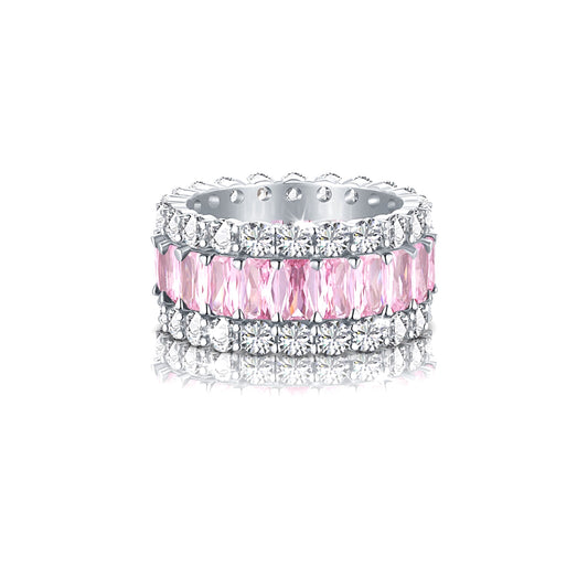 KATHERINE Pink And White CZ Diamond Simulant Three-Row Eternity Ring in Rhodium Over Sterling Silver