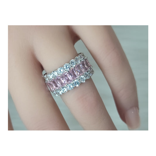 KATHERINE Pink And White CZ Diamond Simulant Three-Row Eternity Ring in Rhodium Over Sterling Silver